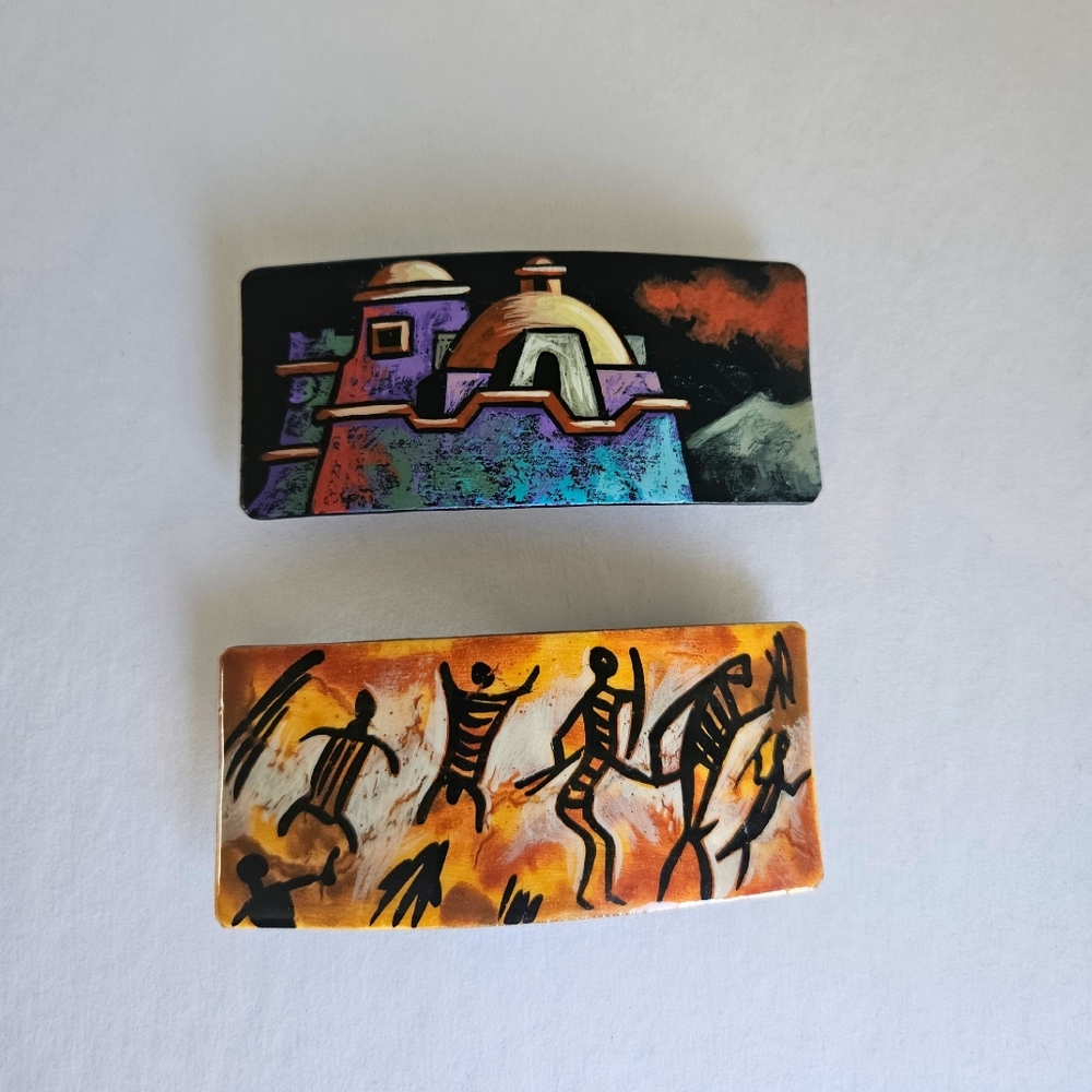 Set of (2x) Vintage Mexican Folk Art Hand-Painted Barrette / Hair Clips